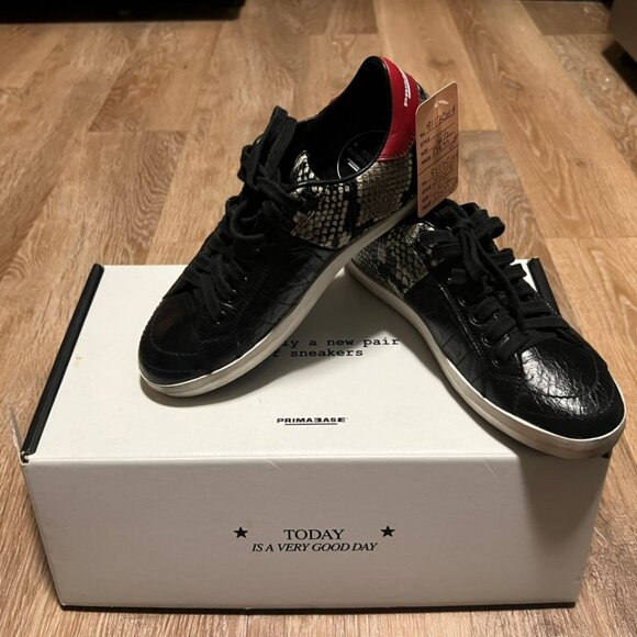 Primabase Sneakers Black Textured Leather Snake Print Red Heel - Picture 7 of 13